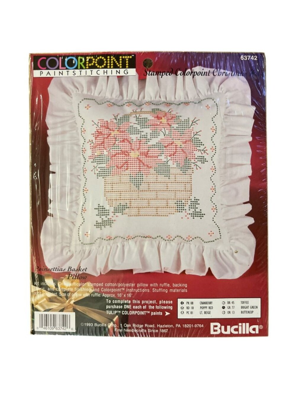 Vintage Bucilla Poinsettia Pillow Kit 16x16 Paintstitch NEW 1993 Craft Christmas